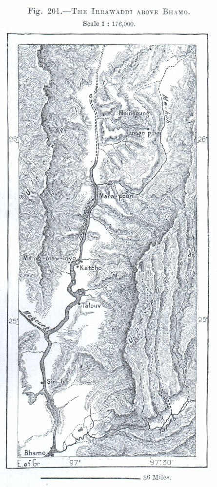 The Irrawaddy above Bhamo. Burma Myanmar. Sketch map 1885 old antique